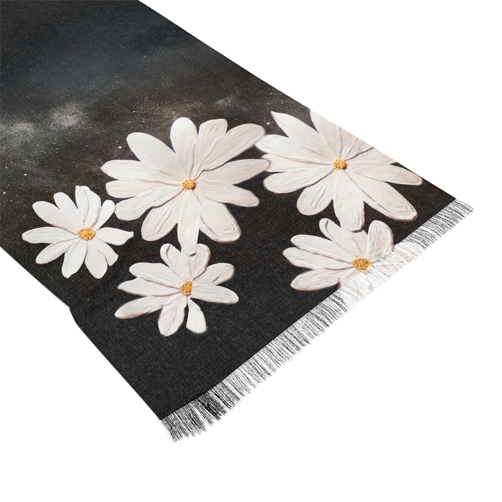 Black scarf with white floral patterns on a white background
