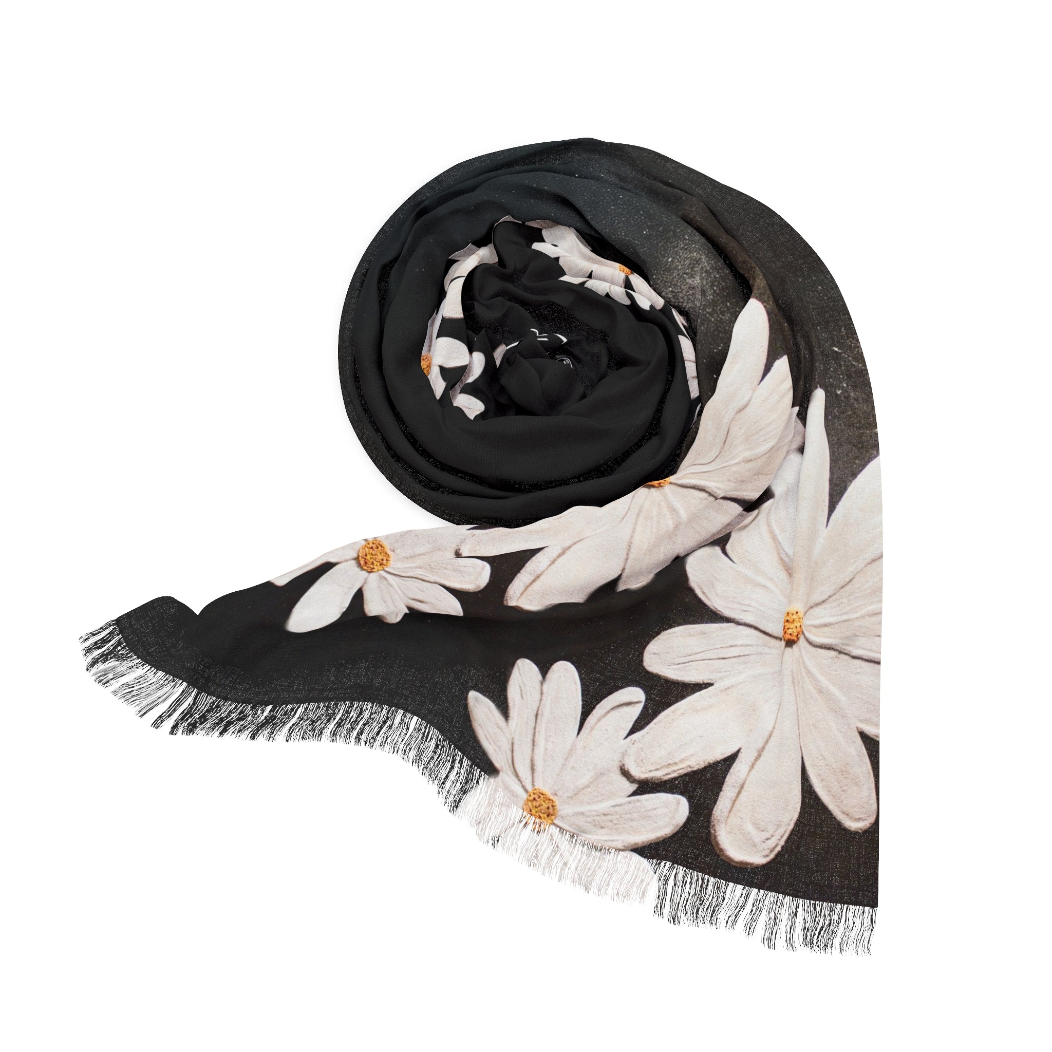 Black scarf with white floral patterns on a white background