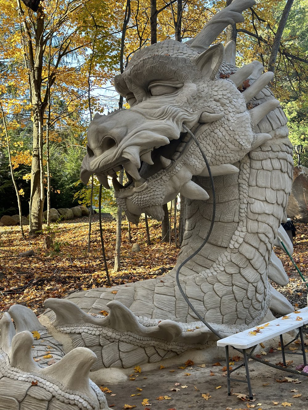 Large stone dragon sculpture in a forest setting with trees and fallen leaves.